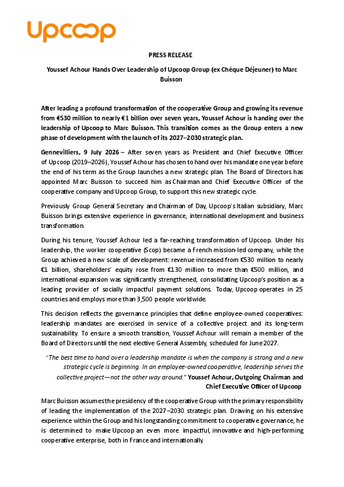Youssef Achour Hands Over Leadership of Upcoop Group (ex Chèque Déjeuner) to Marc Buisson