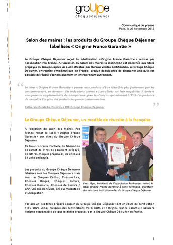 Salon des maires : les produits du Groupe Chèque Déjeuner labellisés « Origine France Garantie »